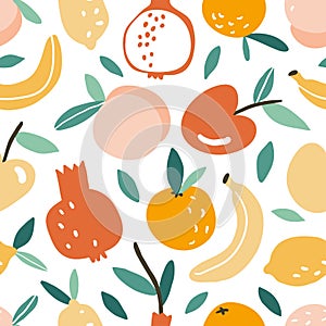 Seamless pattern with hand drawn colorful doodle fruits
